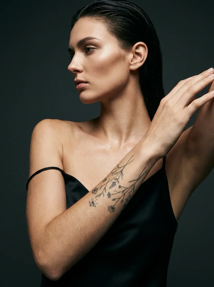 Woman_with_floral_tattoo_forearm_202607141427 Studio portrait of woman with floral forearm tattoo wearing black satin dress and slicked-back hair | Sky Rye Design Studio portrait of woman with floral forearm tattoo wearing black satin dress and slicked-back hair