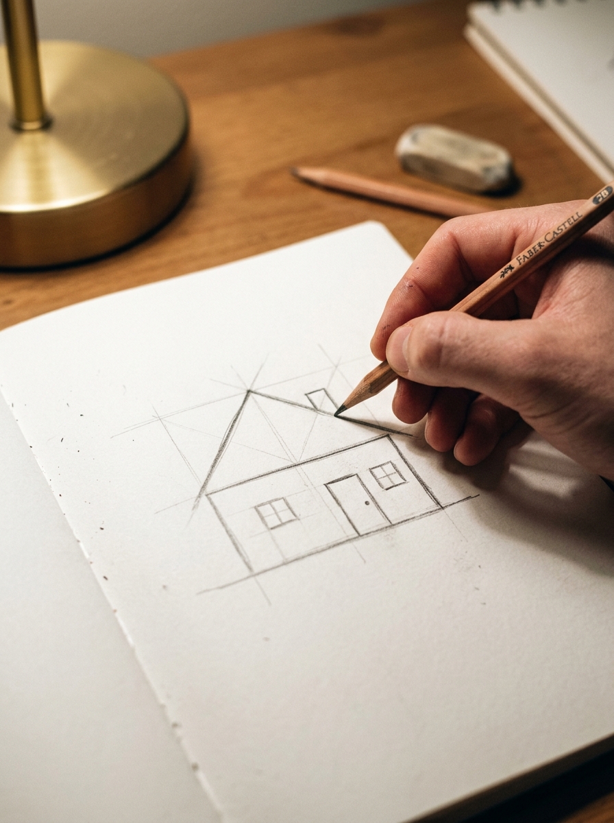 A hand sketching a house with a pencil on a piece of paper Hand drawing a pencil house sketch in a notebook – architectural sketch, home design concept | Sky Rye Design A hand sketching a house with a pencil on a piece of paper
