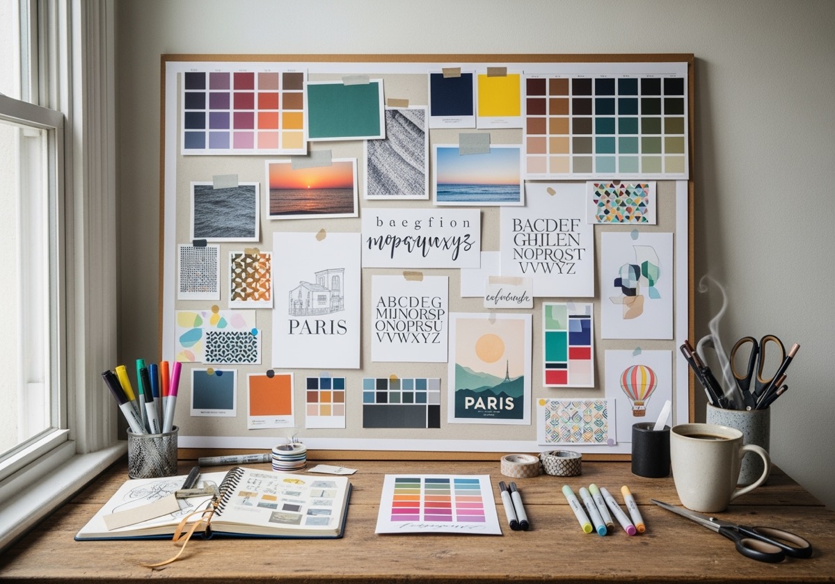 Creative mood board with color swatches, font examples, and inspirational images - logo & branding