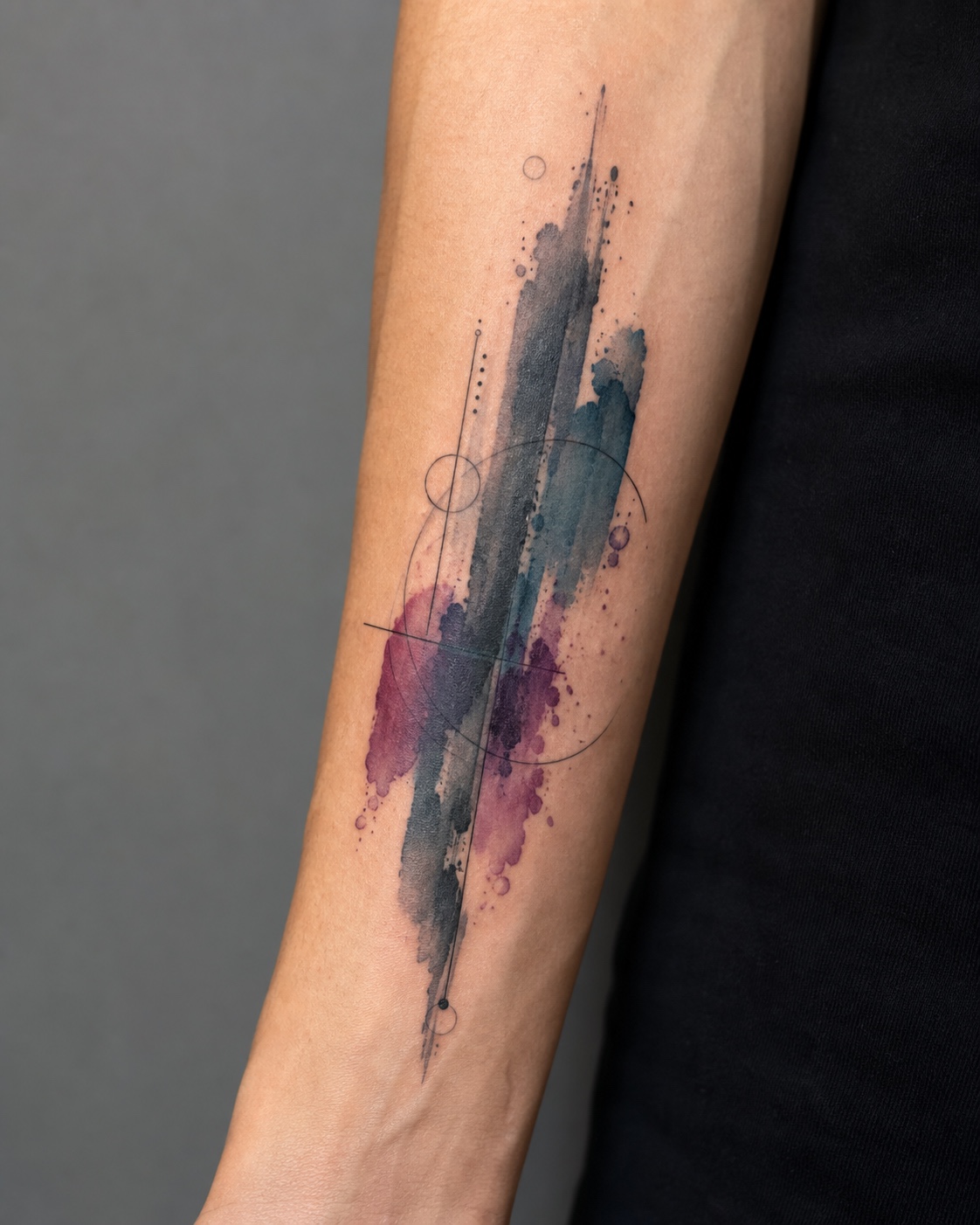 Fine art abstract watercolor tattoo with brushstroke bands and geometric line accents