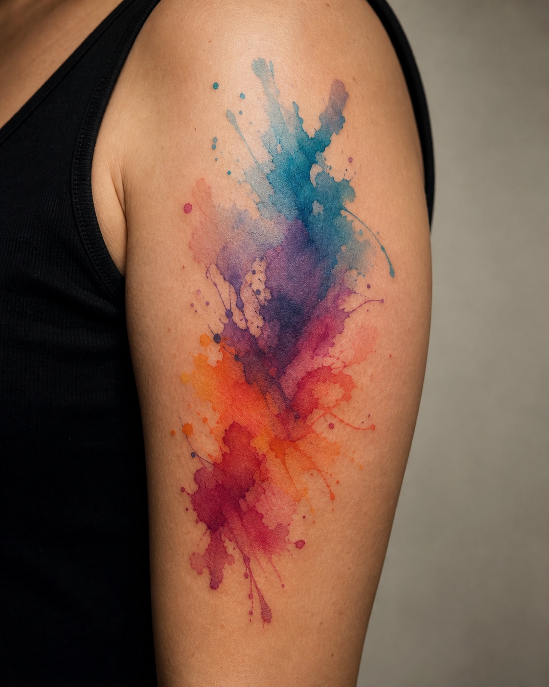 Abstract watercolor tattoo with blue, purple, orange, and magenta color splashes
