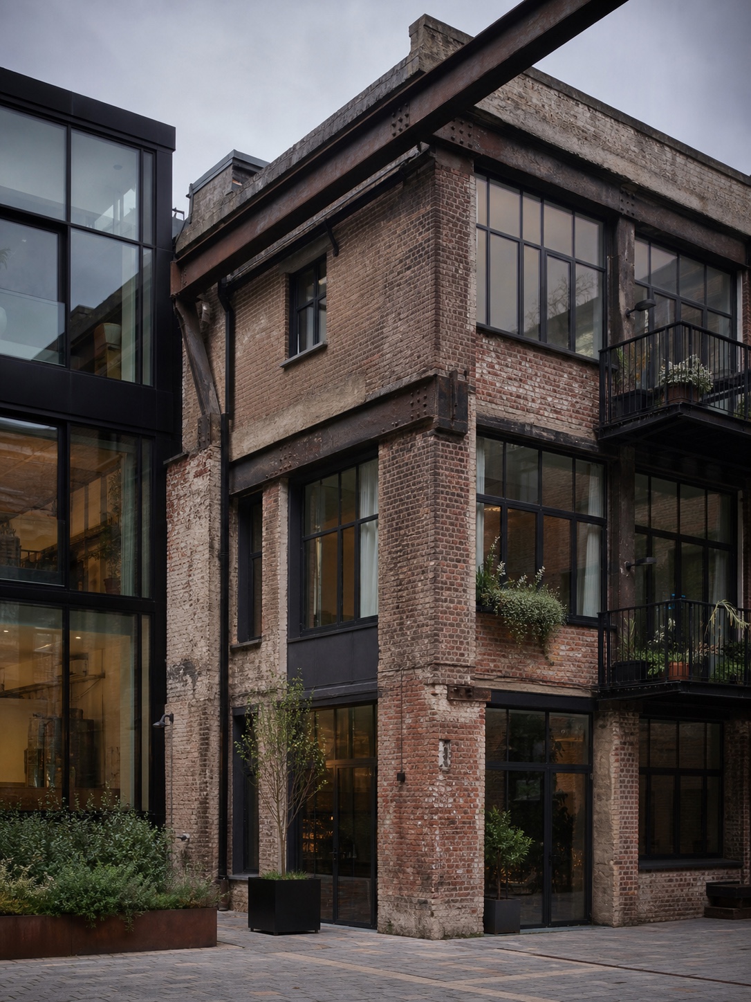 Adaptive reuse residential lofts A former industrial brick warehouse converted into residential lofts with exposed structure and glass additions. | Sky Rye Design A former industrial brick warehouse converted into residential lofts with exposed structure and glass additions.