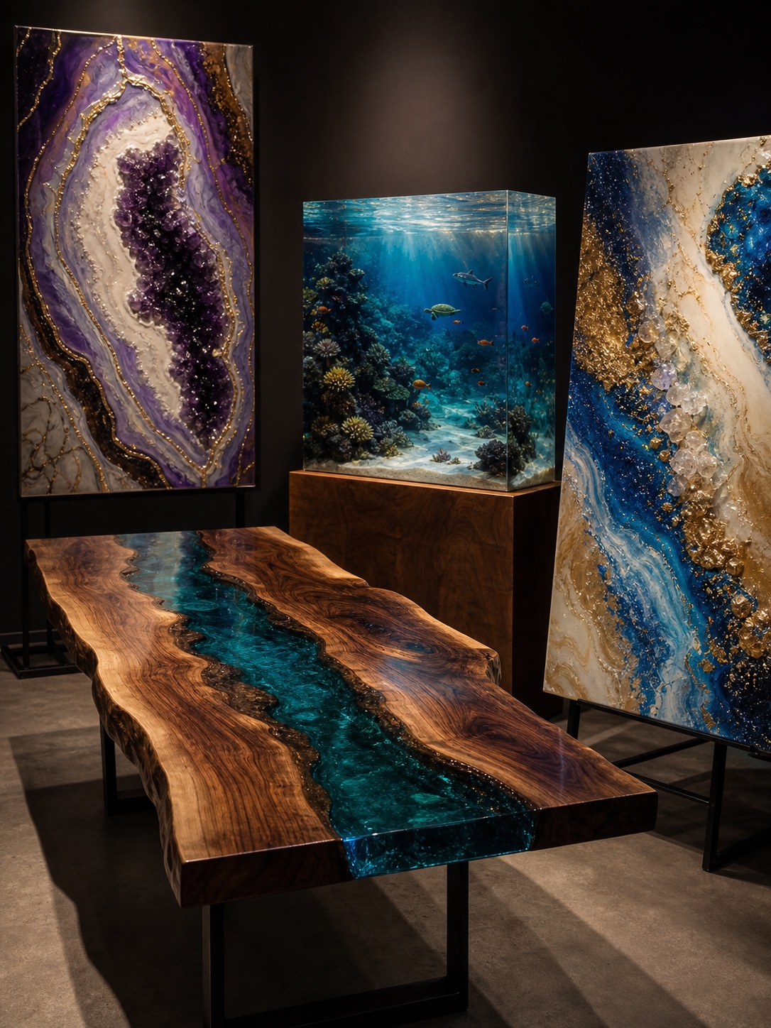 Advanced resin art projects including a river table, geode painting, layered ocean block and mixed media canvas.