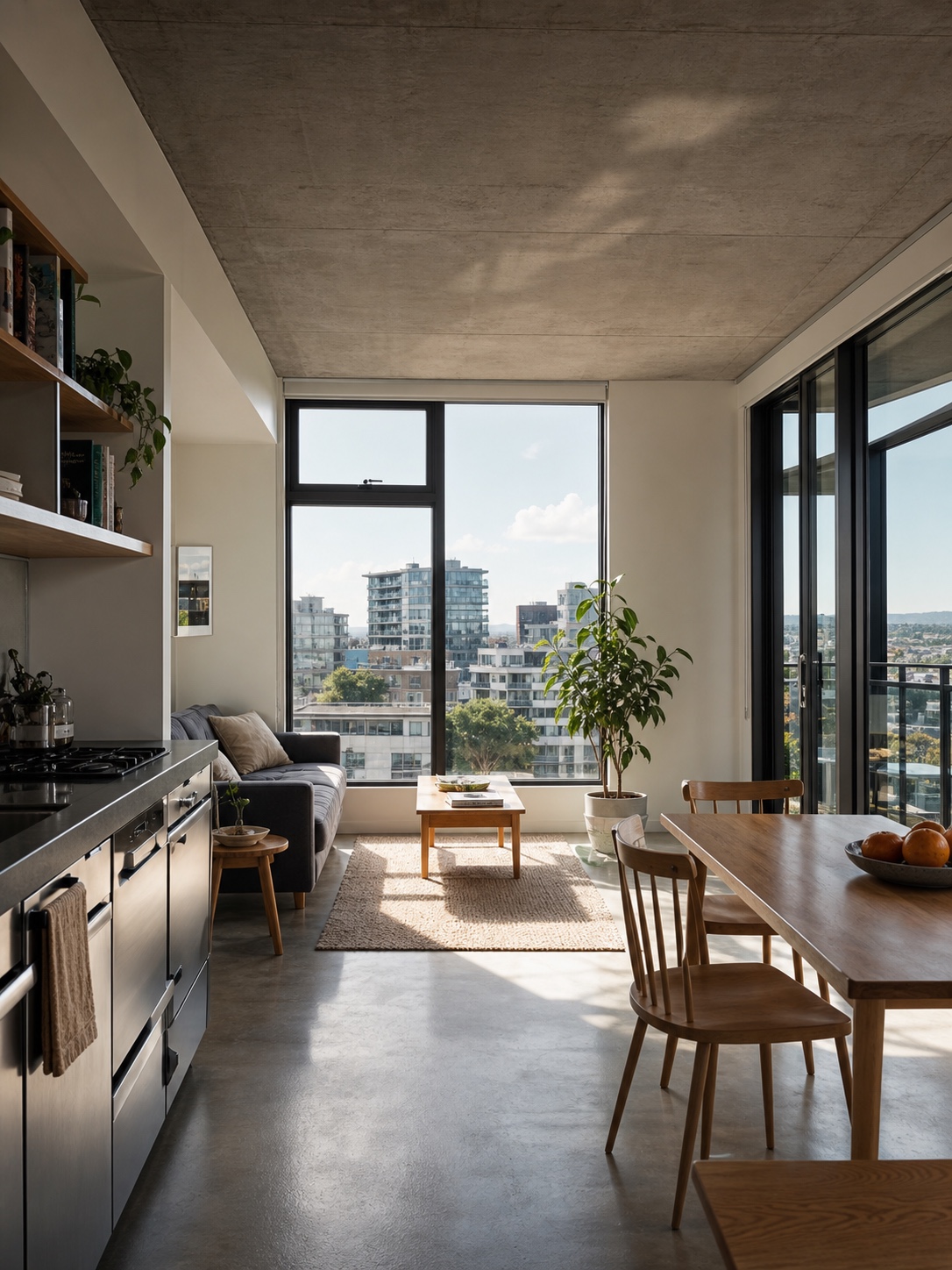 Efficient affordable housing interior A bright affordable housing apartment interior with an efficient open-plan layout, concrete ceiling, and large windows. | Sky Rye Design A bright affordable housing apartment interior with an efficient open-plan layout, concrete ceiling, and large windows.