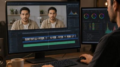 Creator reviewing AI face swap video output at an editing workstation with timeline and color grading panels.