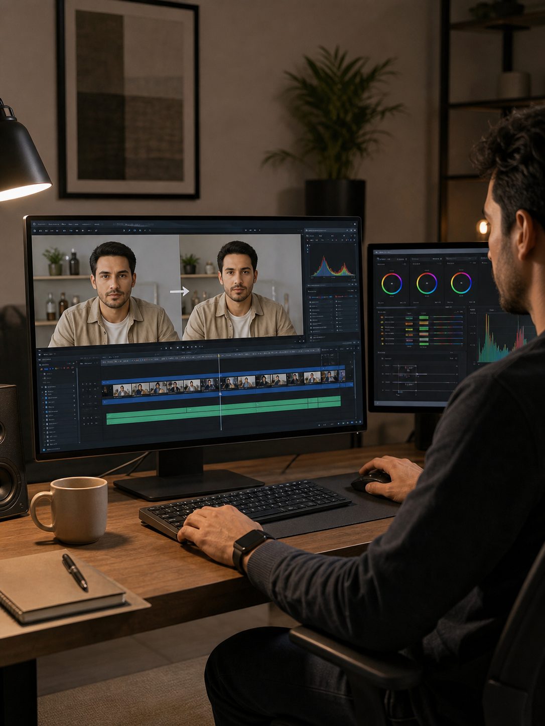 Creator reviewing AI face swap video output at an editing workstation with timeline and color grading panels.