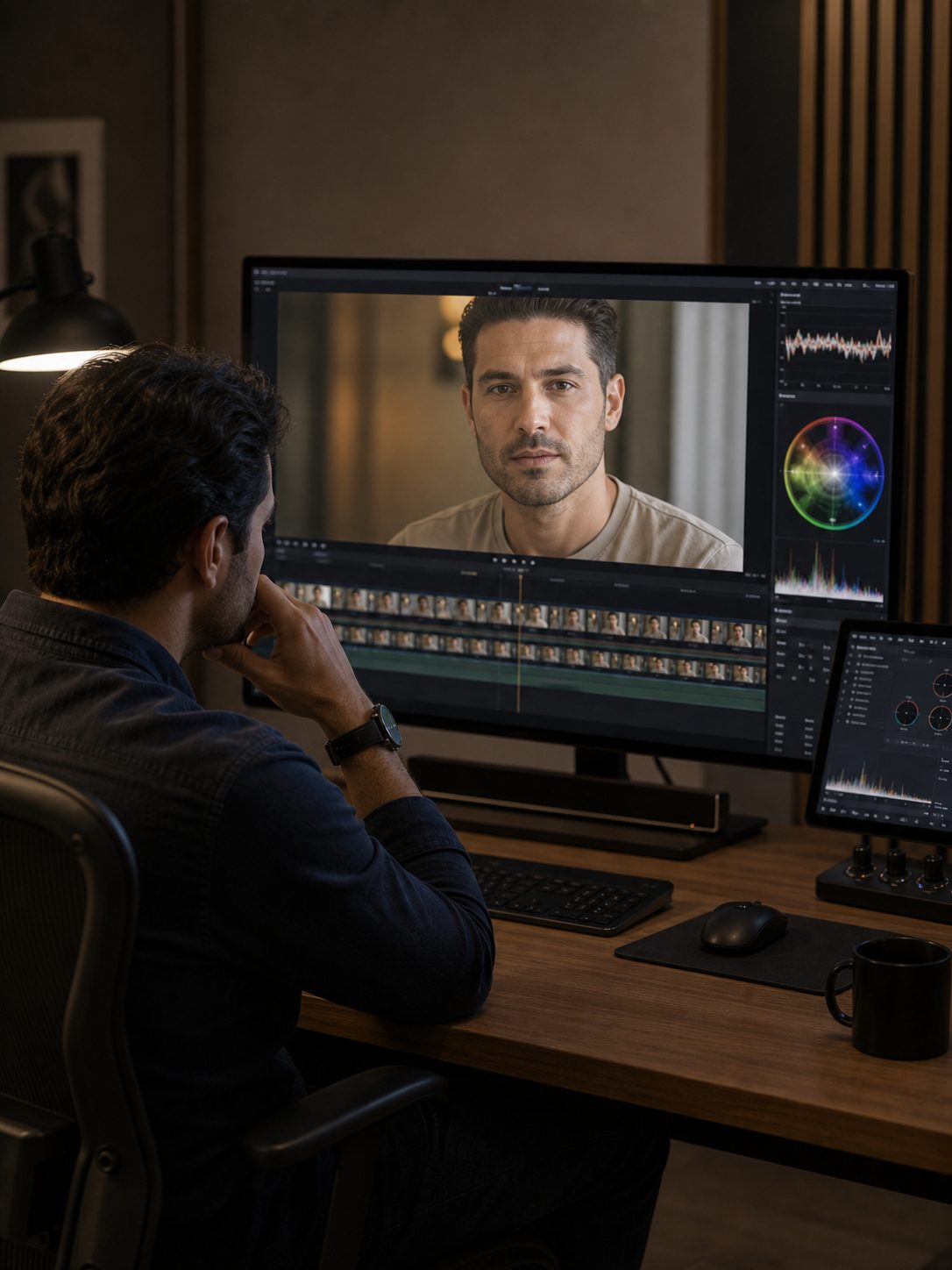 Video editor reviewing a raw AI face swap output on a monitor with abstract color scopes nearby.