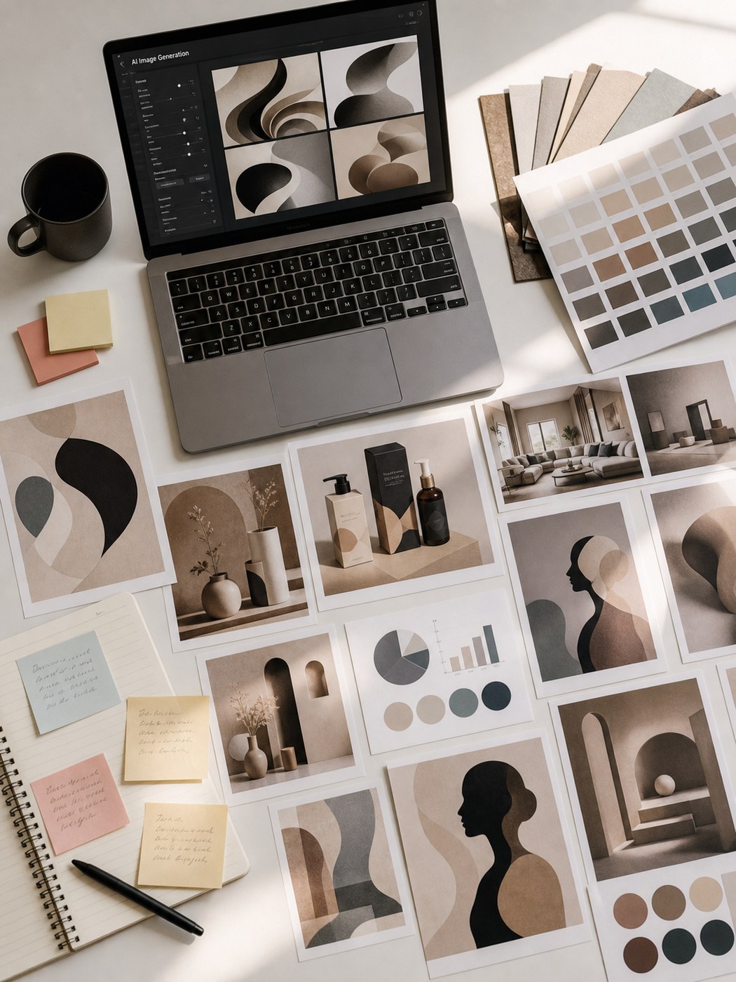 Overhead view of an AI image generation testing workflow with laptop, prints, notes, and color swatches.