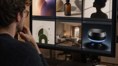 Designer comparing multiple AI-generated image outputs on a large monitor.