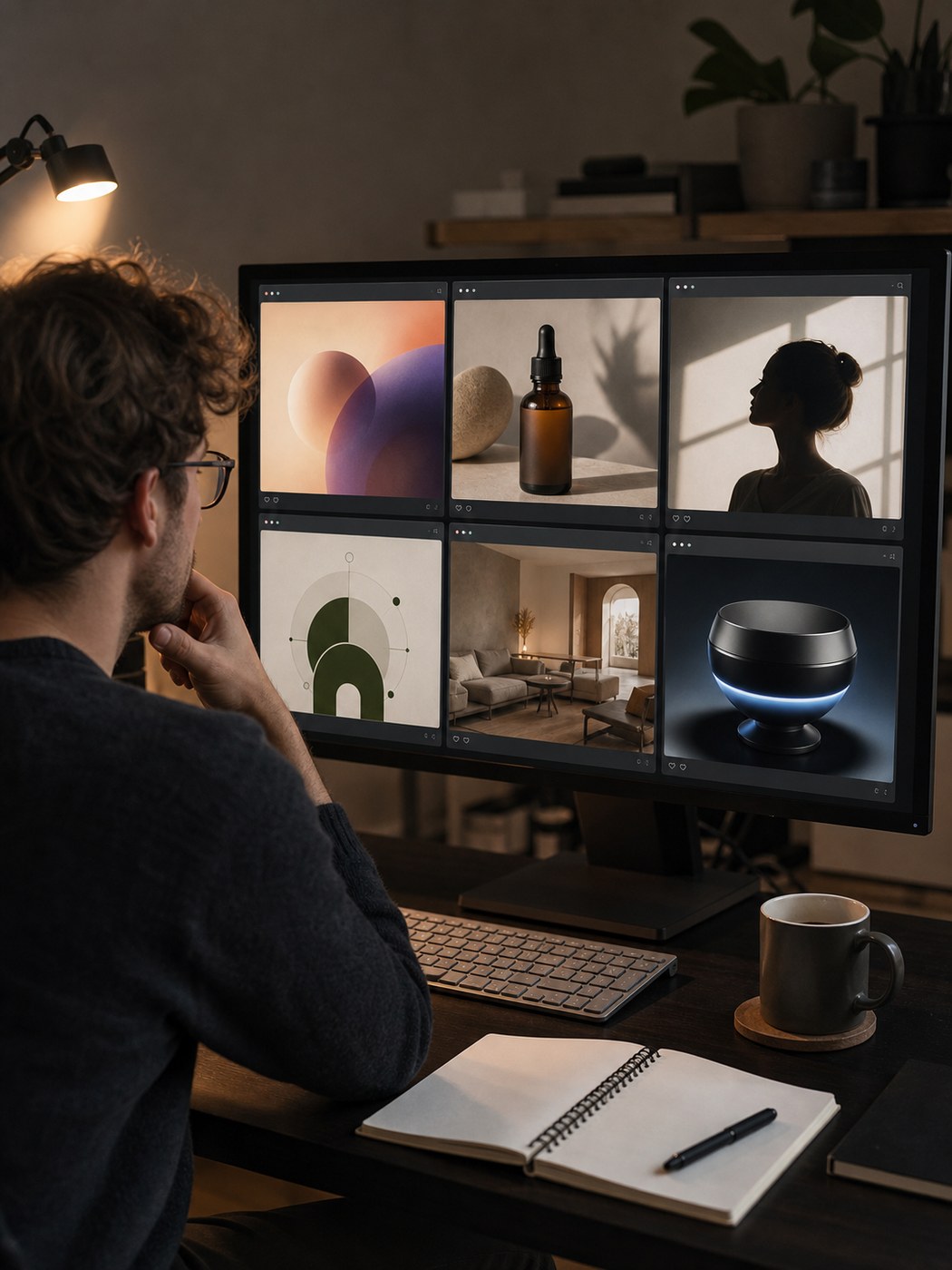 Designer comparing multiple AI-generated image outputs on a large monitor.