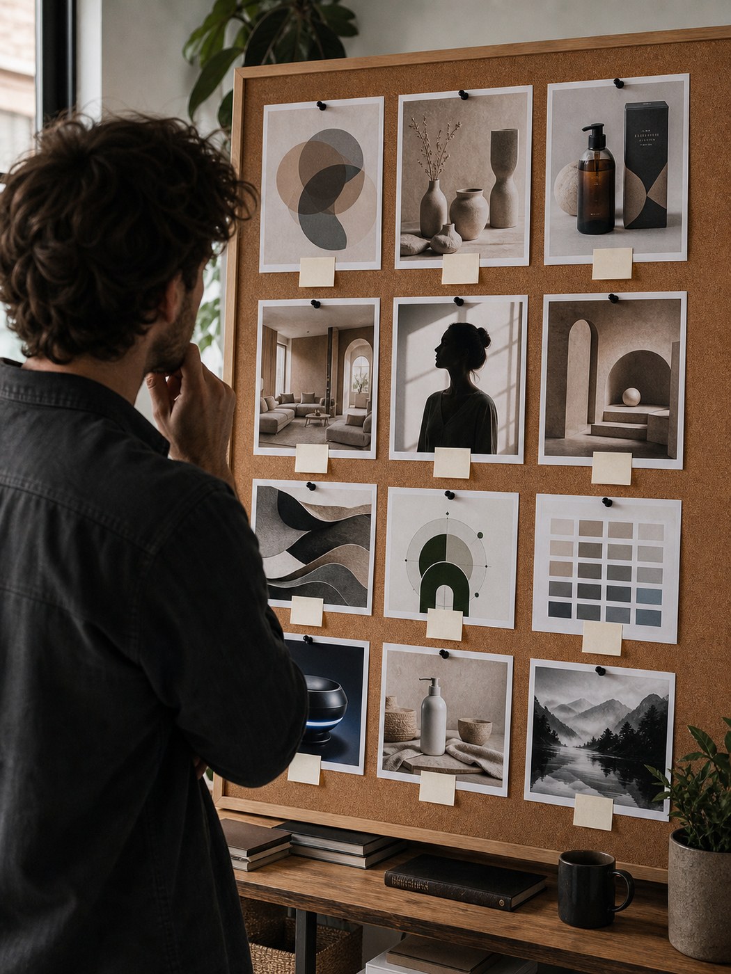 Designer comparing printed AI-generated outputs pinned to a cork board.