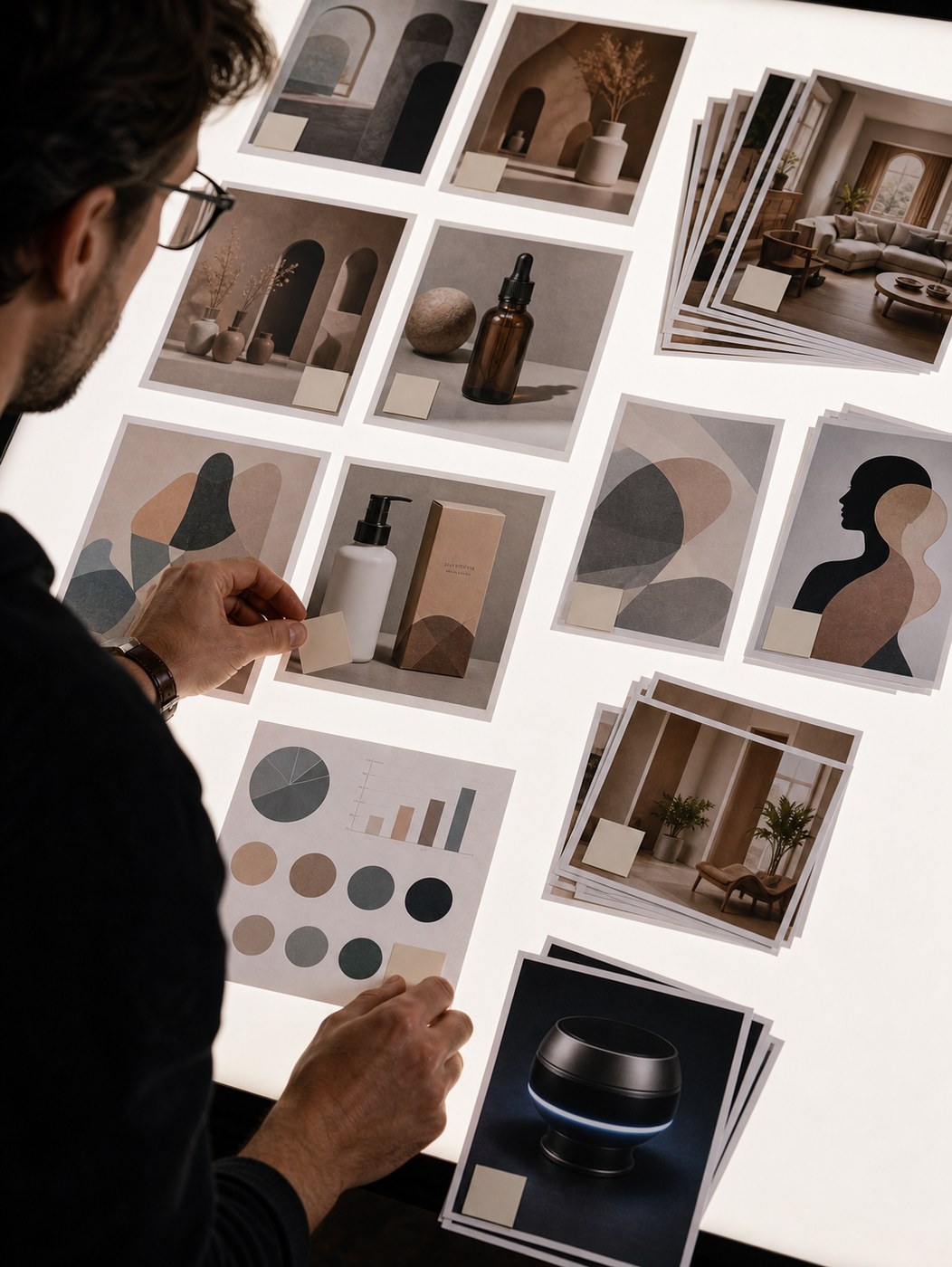 Person reviewing selected and rejected AI-generated image outputs on a white light table.