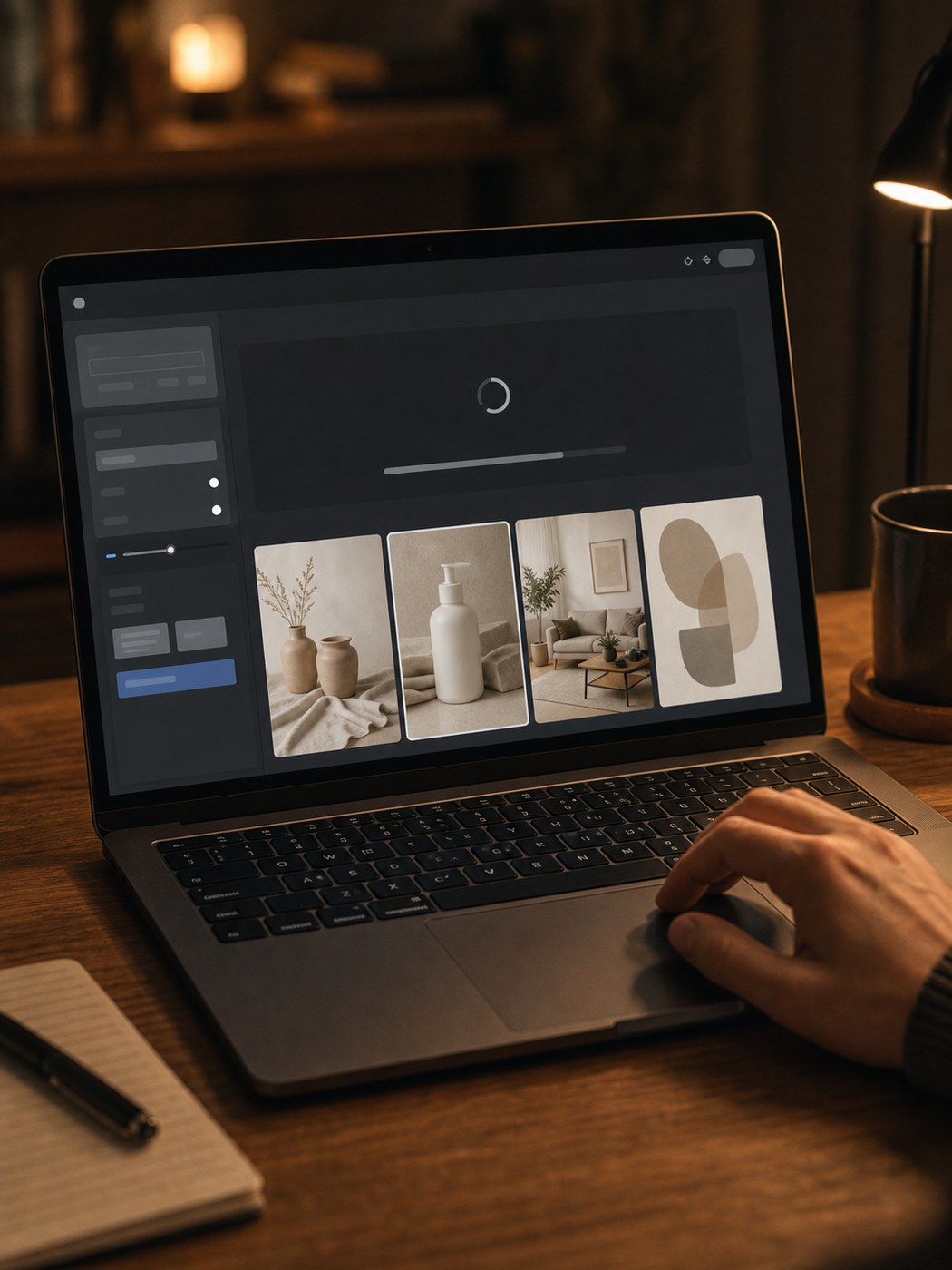 Laptop showing a clean AI image generation interface with result thumbnails and a hand on the trackpad.