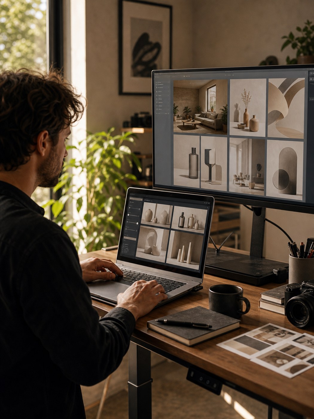 Creative professional using a laptop and monitor for AI product imagery workflow.