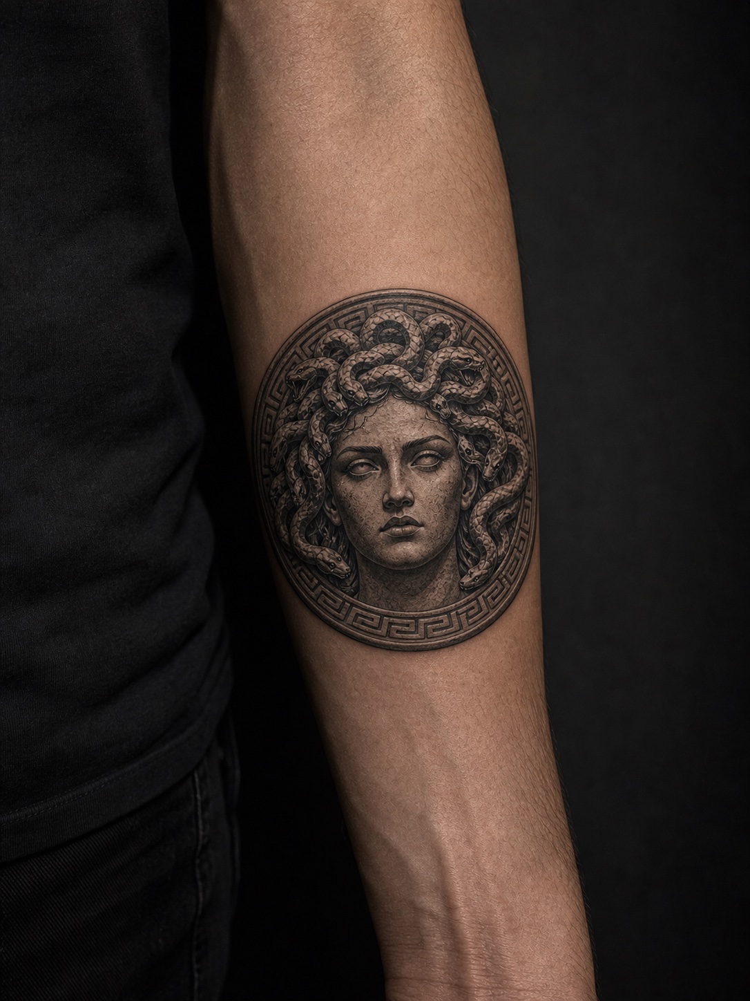 Forearm Medusa tattoo in an ancient Greek coin medallion style.