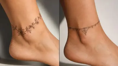 Minimal ankle tattoo designs: delicate floral vine anklet (left) and beaded ornamental chain anklet tattoo (right)