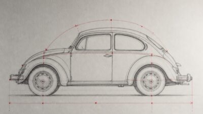 Annotated pencil sketch of a classic Volkswagen Beetle showing the main body arcs and proportion guides.