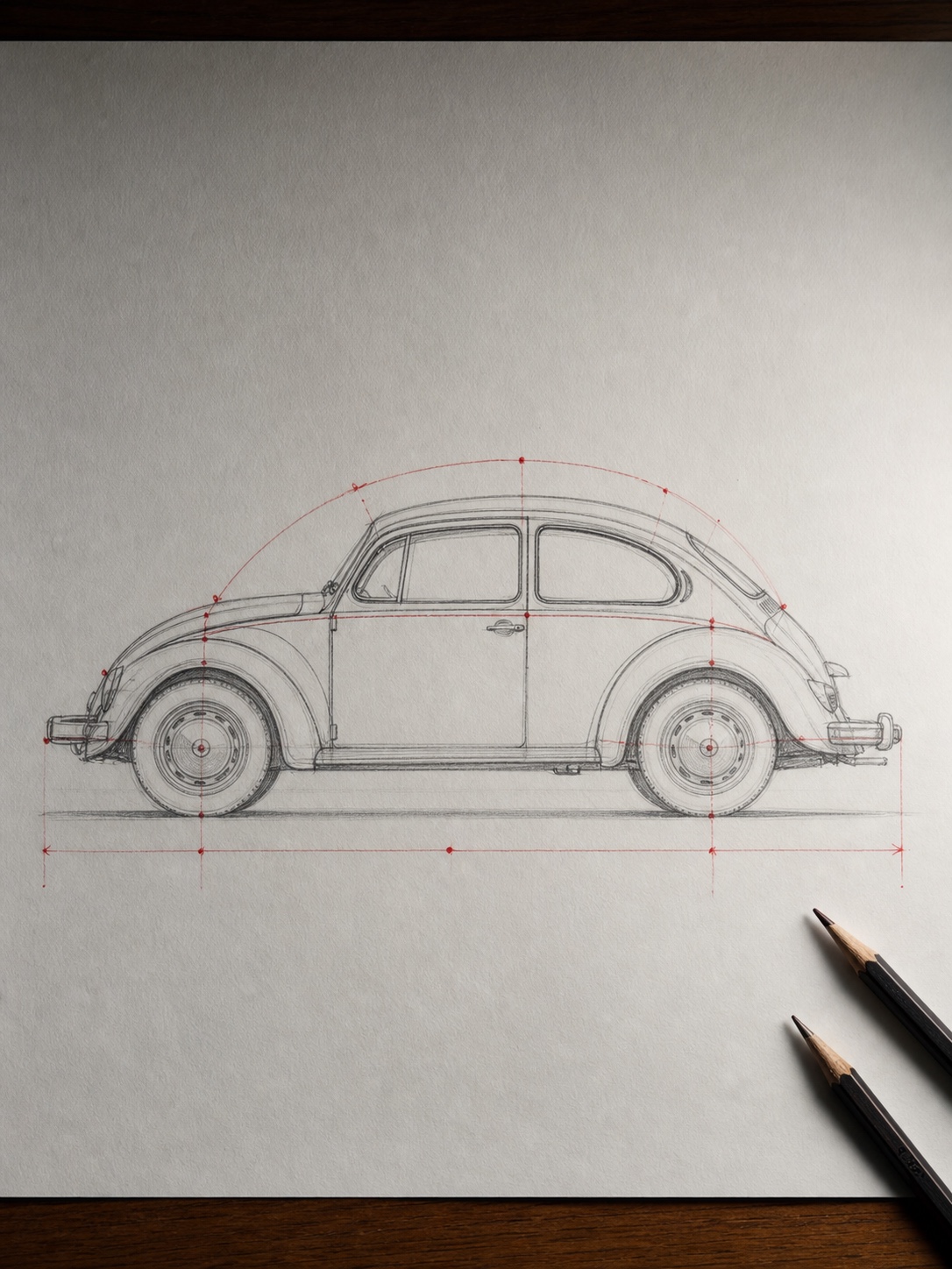 Annotated 1967 VW Beetle proportion sketch Annotated pencil sketch of a classic Volkswagen Beetle showing the main body arcs and proportion guides. | Sky Rye Design Annotated pencil sketch of a classic Volkswagen Beetle showing the main body arcs and proportion guides.