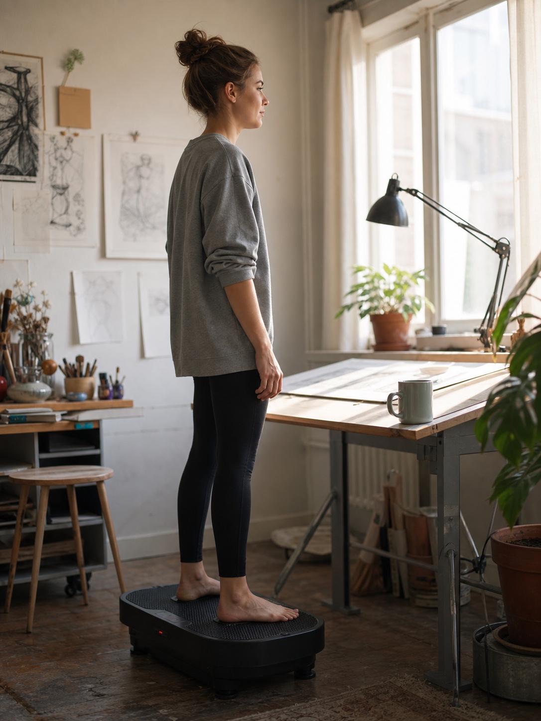 Artist using a vibration platform in the studio Artist standing on a compact vibration platform beside a studio drawing table in morning light. | Sky Rye Design Artist standing on a compact vibration platform beside a studio drawing table in morning light.