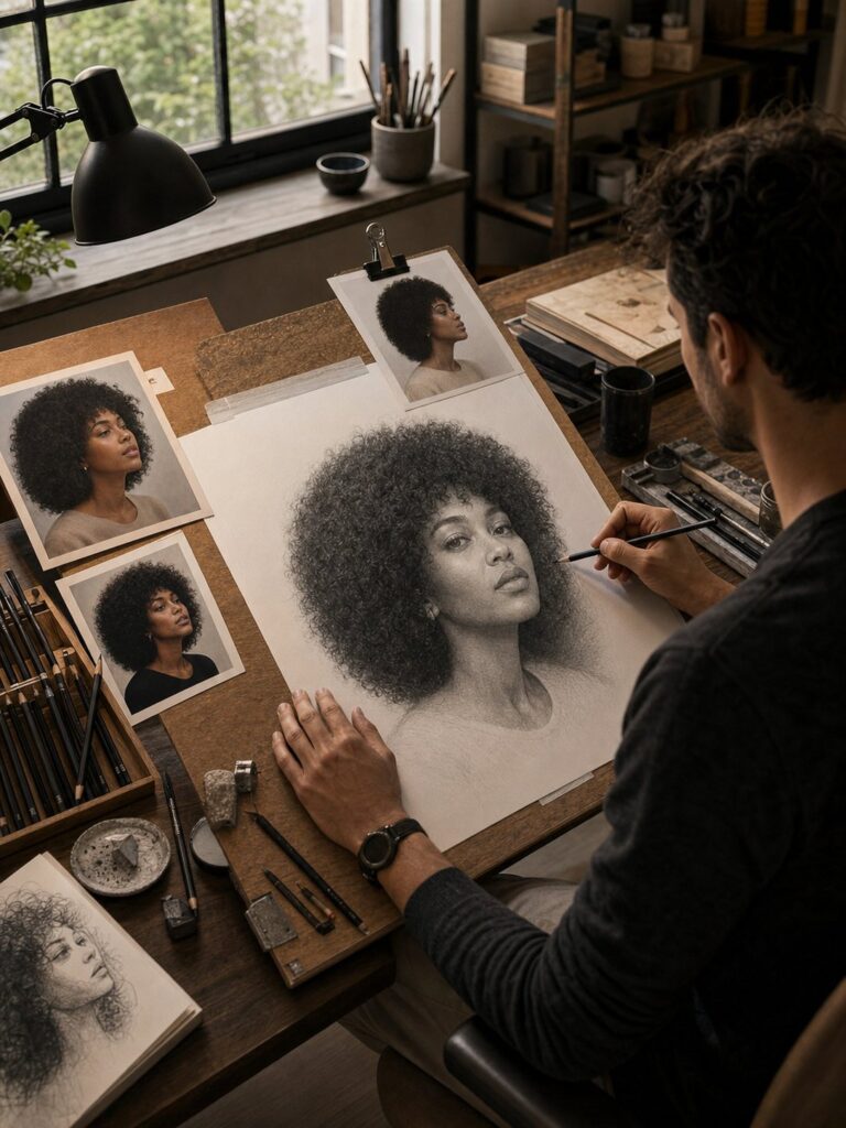 artist-working-on-hyper-realistic-portrait Artist sketching a charcoal portrait of a woman with afro at a rustic drawing table, reference photos and pencils nearby | Sky Rye Design Artist sketching a charcoal portrait of a woman with afro at a rustic drawing table, reference photos and pencils nearby
