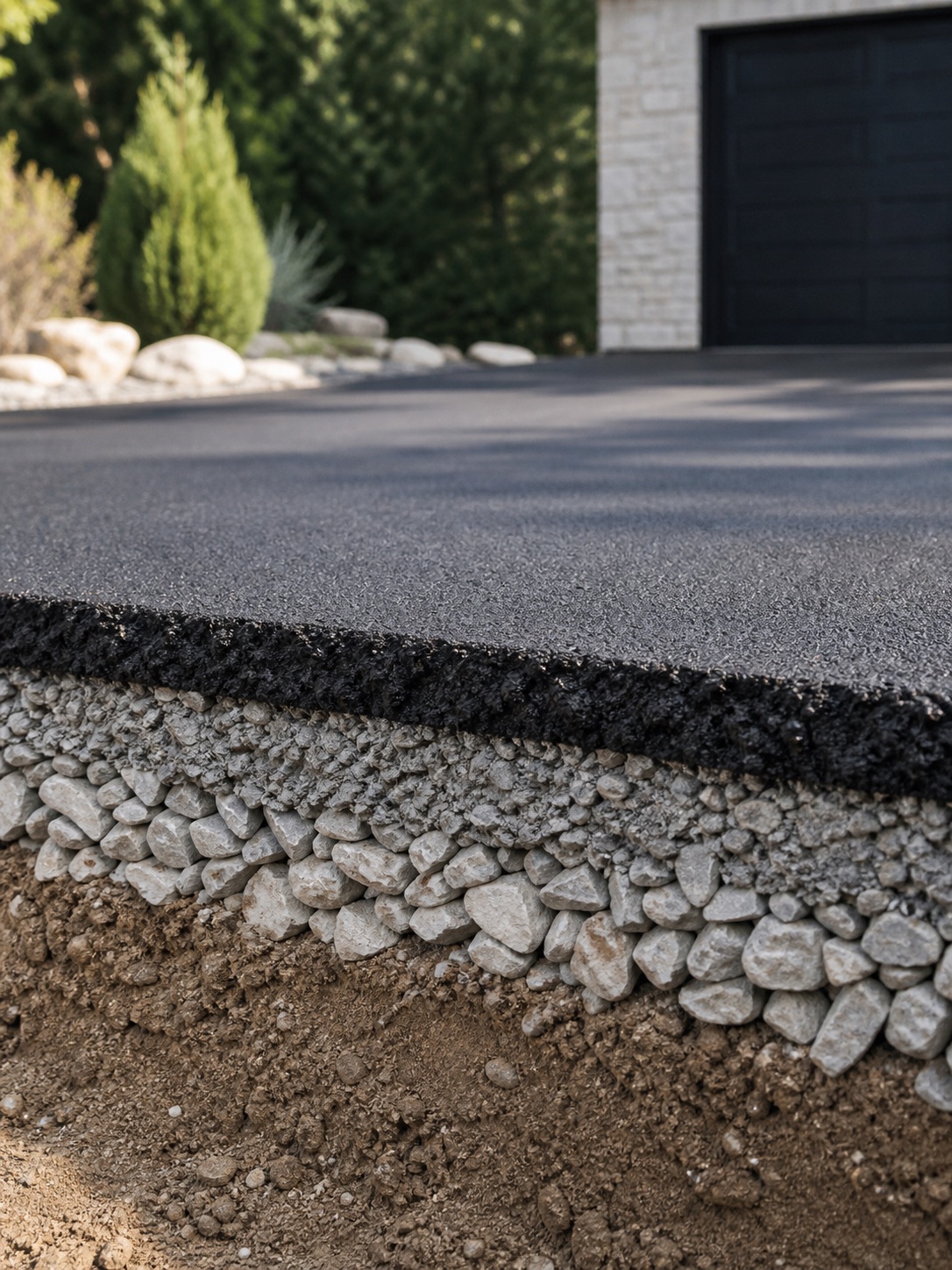 Cutaway view showing asphalt surface over a compacted aggregate base.