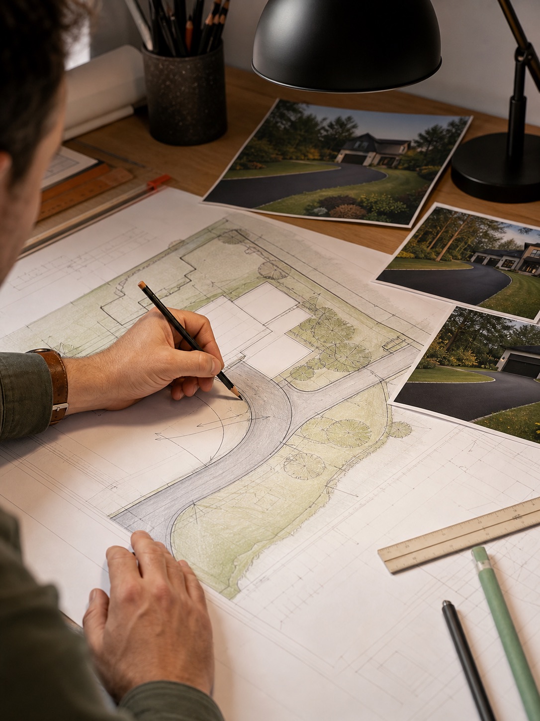 Driveway layout plan marked for curve radius and drainage direction.