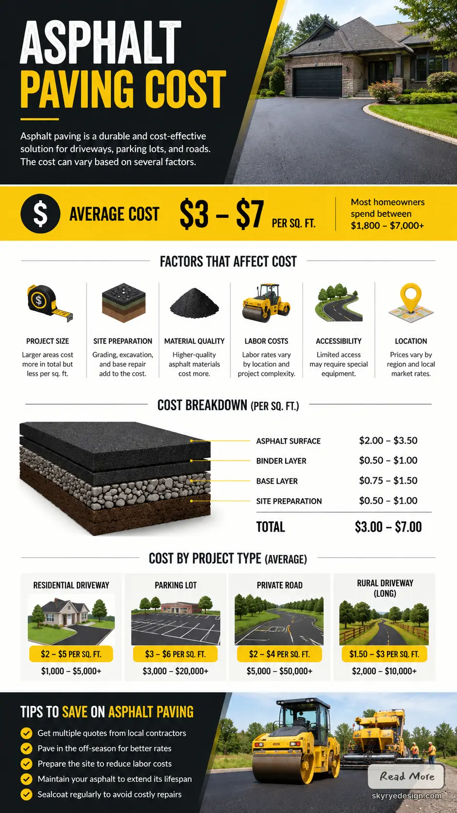 Infographic: asphalt paving cost guide – average –/sq ft, cost breakdown, factors, project types and saving tips.