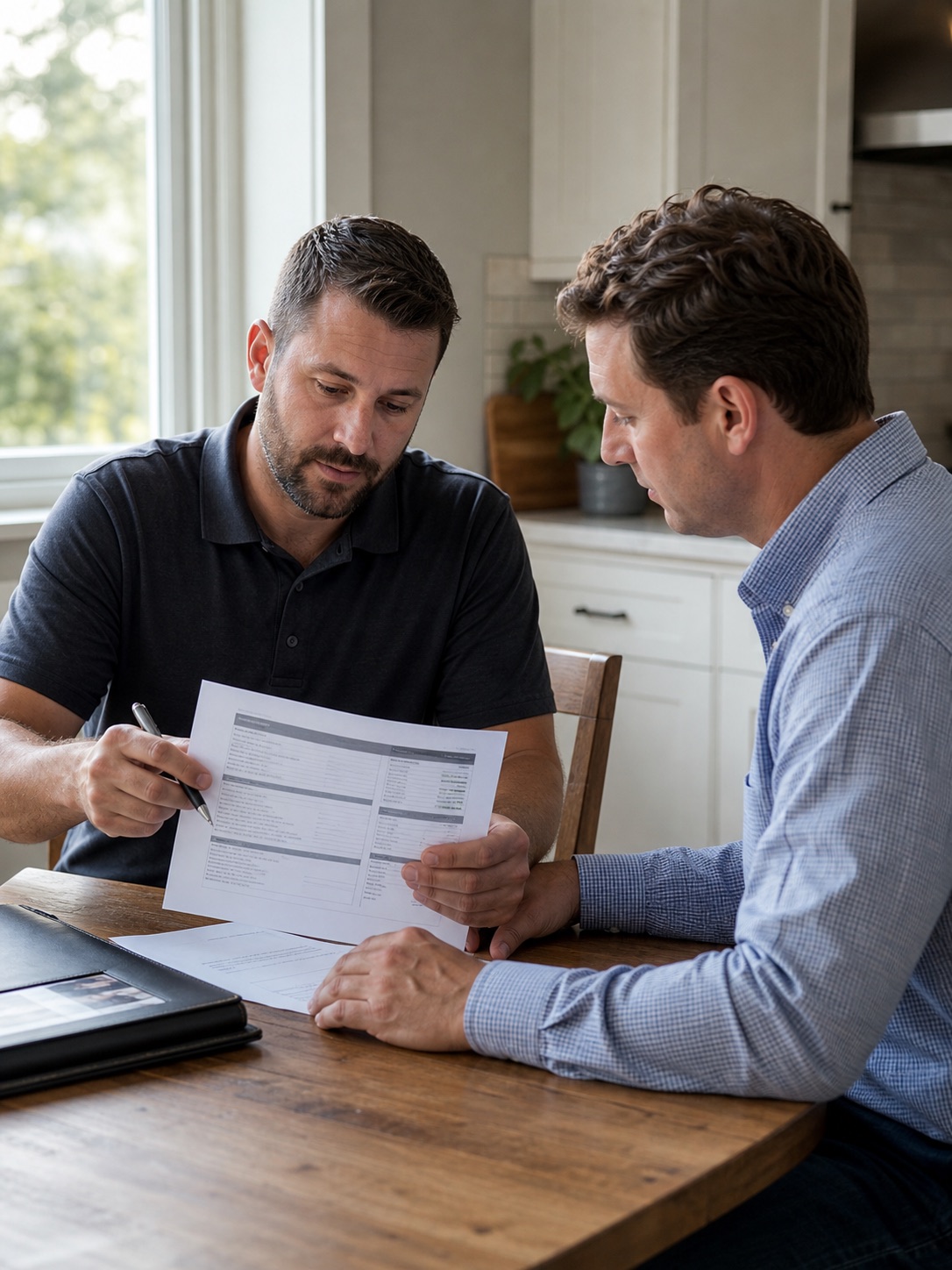 Homeowner and contractor reviewing an itemized asphalt paving quote.