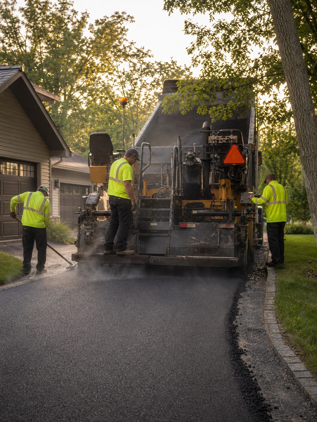 Paving crew applying a fresh asphalt overlay to an existing driveway.