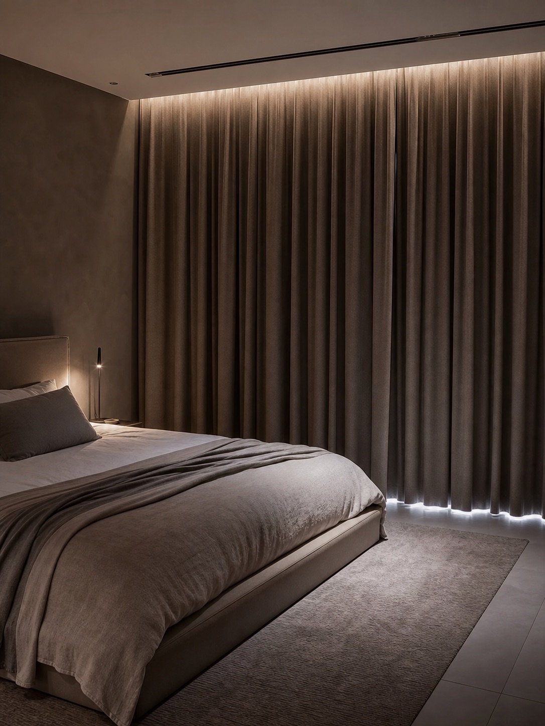 Warm grey blackout curtains fully closed in a calm modern Dubai bedroom with neutral bedding.