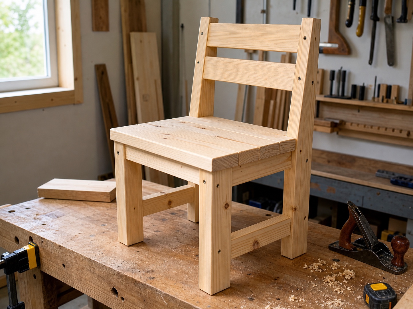 Beginner DIY wooden chair made from pine boards in a small workshop