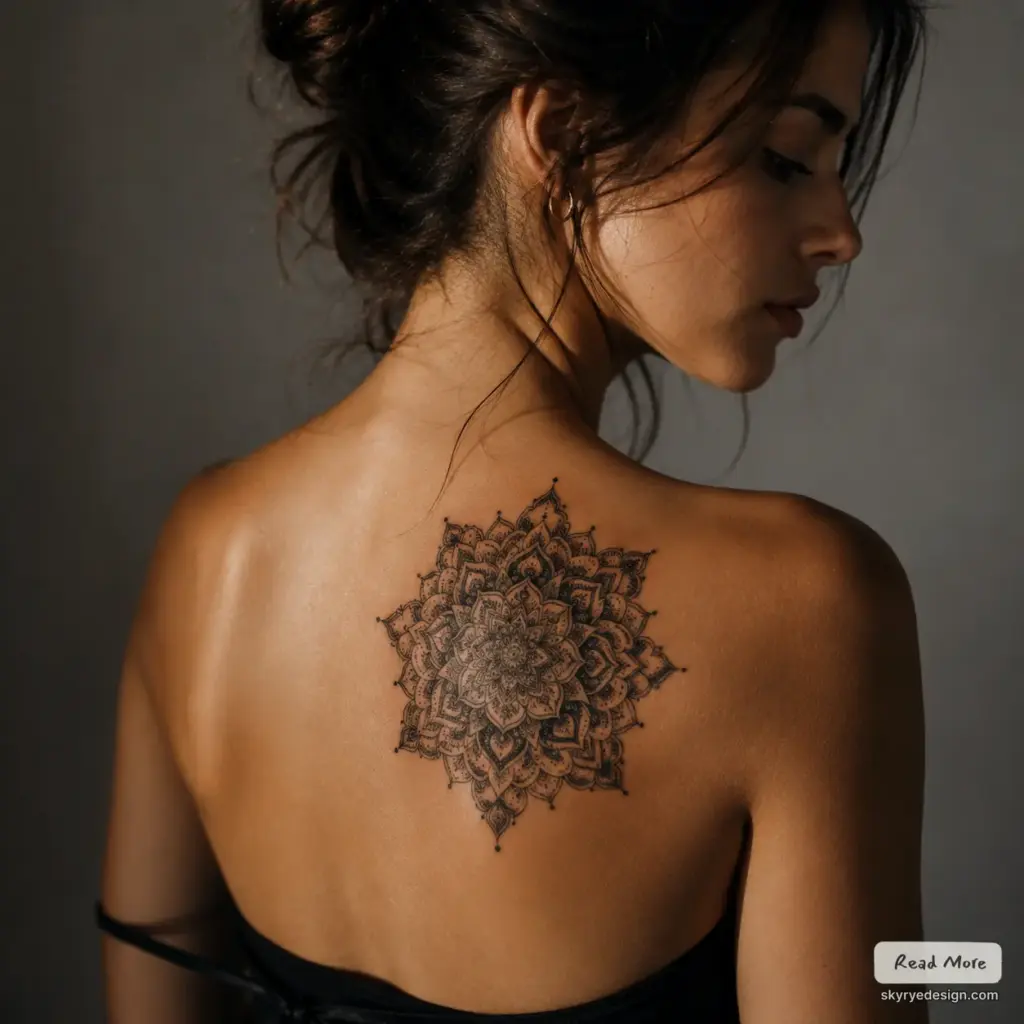 mandala-tattoo-women-shoulder Mandala tattoo on upper back - intricate black dotwork floral design on woman's shoulder blade | Sky Rye Design Mandala tattoo on upper back - intricate black dotwork floral design on woman's shoulder blade