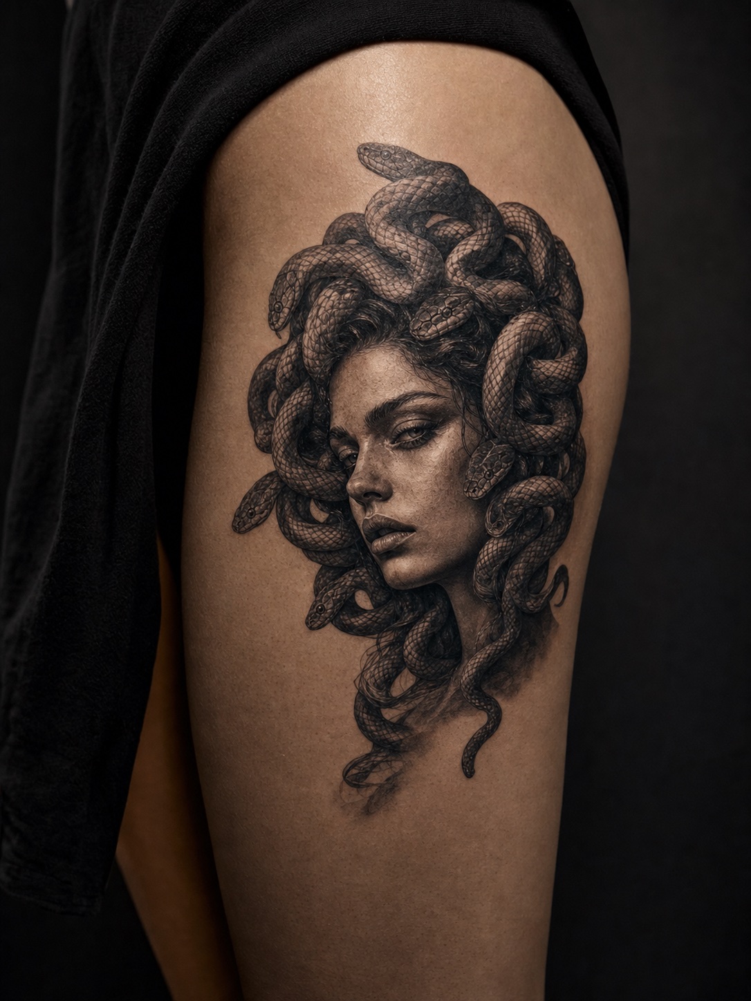 Black and grey realistic Medusa portrait tattoo on the thigh with detailed skin texture.