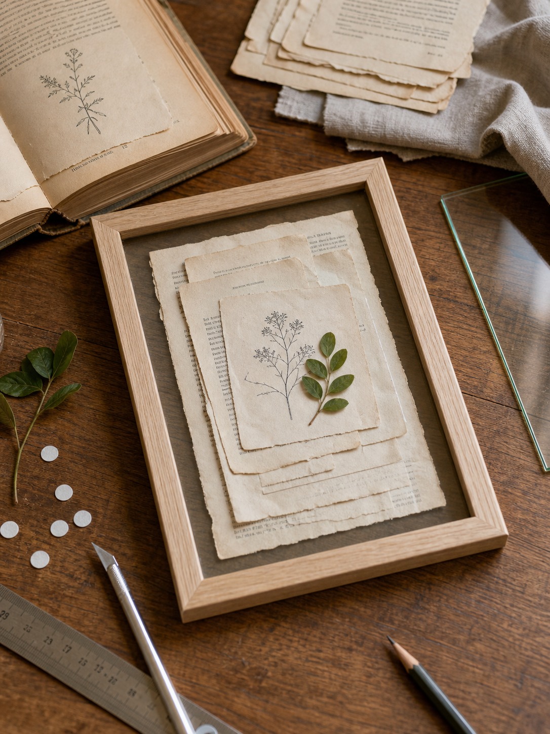 Book page wall art craft with pressed leaf and frame