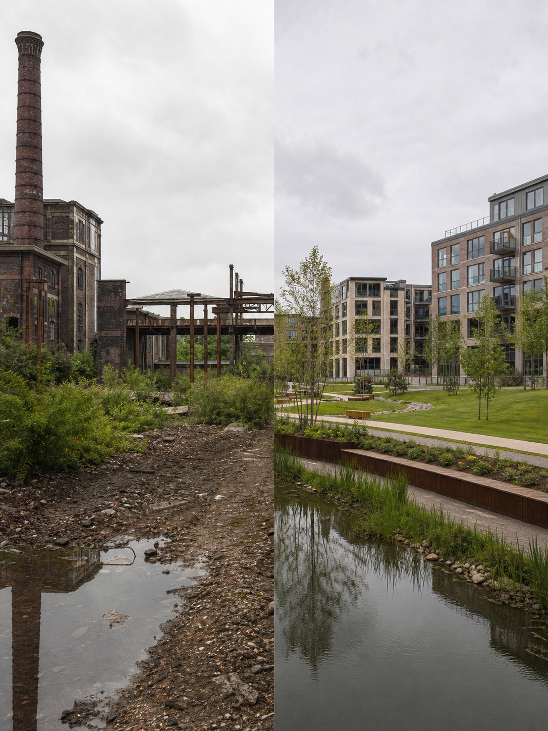 Brownfield redevelopment housing A before-and-after style brownfield redevelopment scene with an industrial ruin and new low-rise housing beside green space. | Sky Rye Design A before-and-after style brownfield redevelopment scene with an industrial ruin and new low-rise housing beside green space.