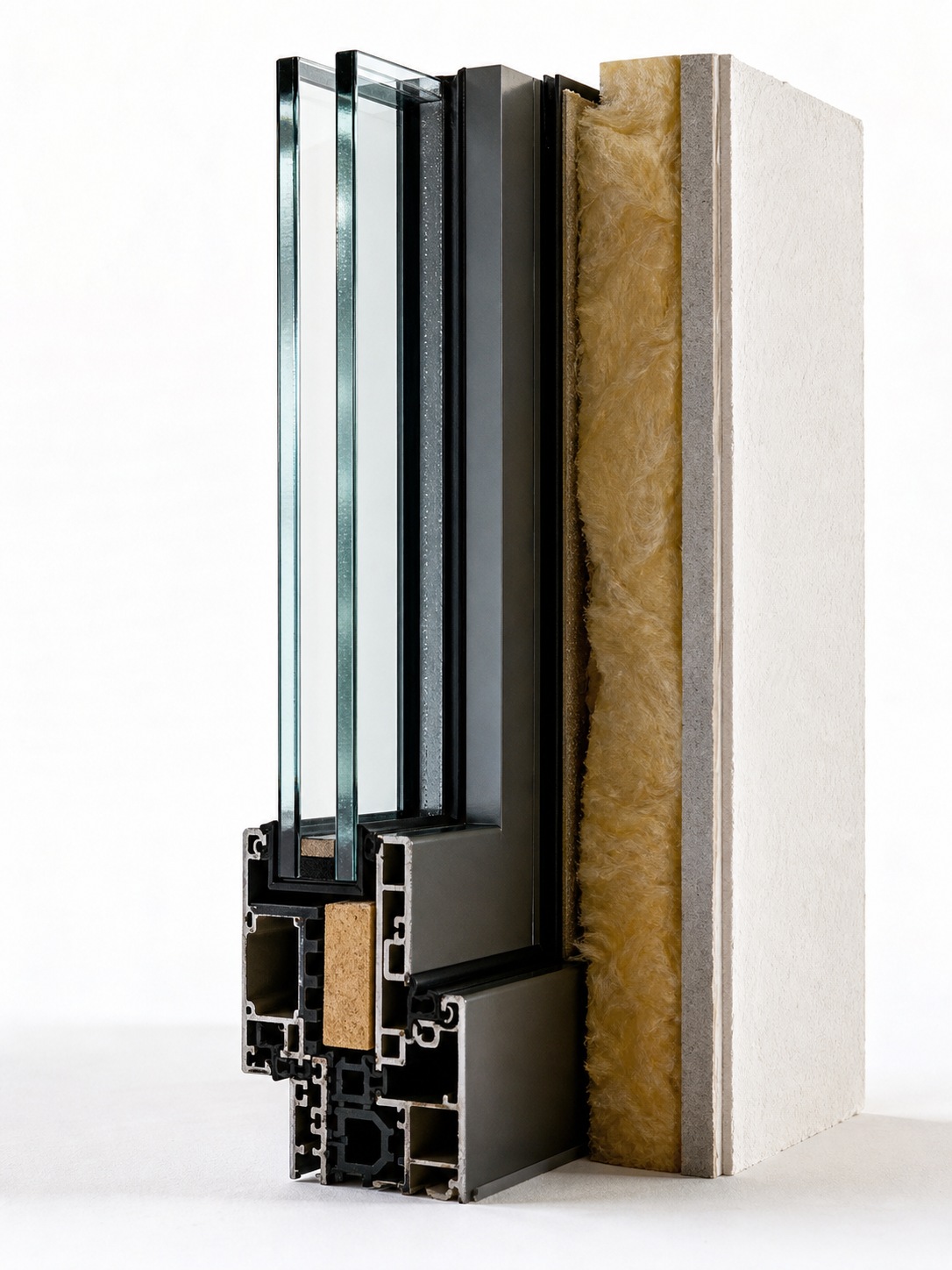 Cross-section of a wall assembly showing glazing, air gap, thermally broken frame, insulation, and interior finish.