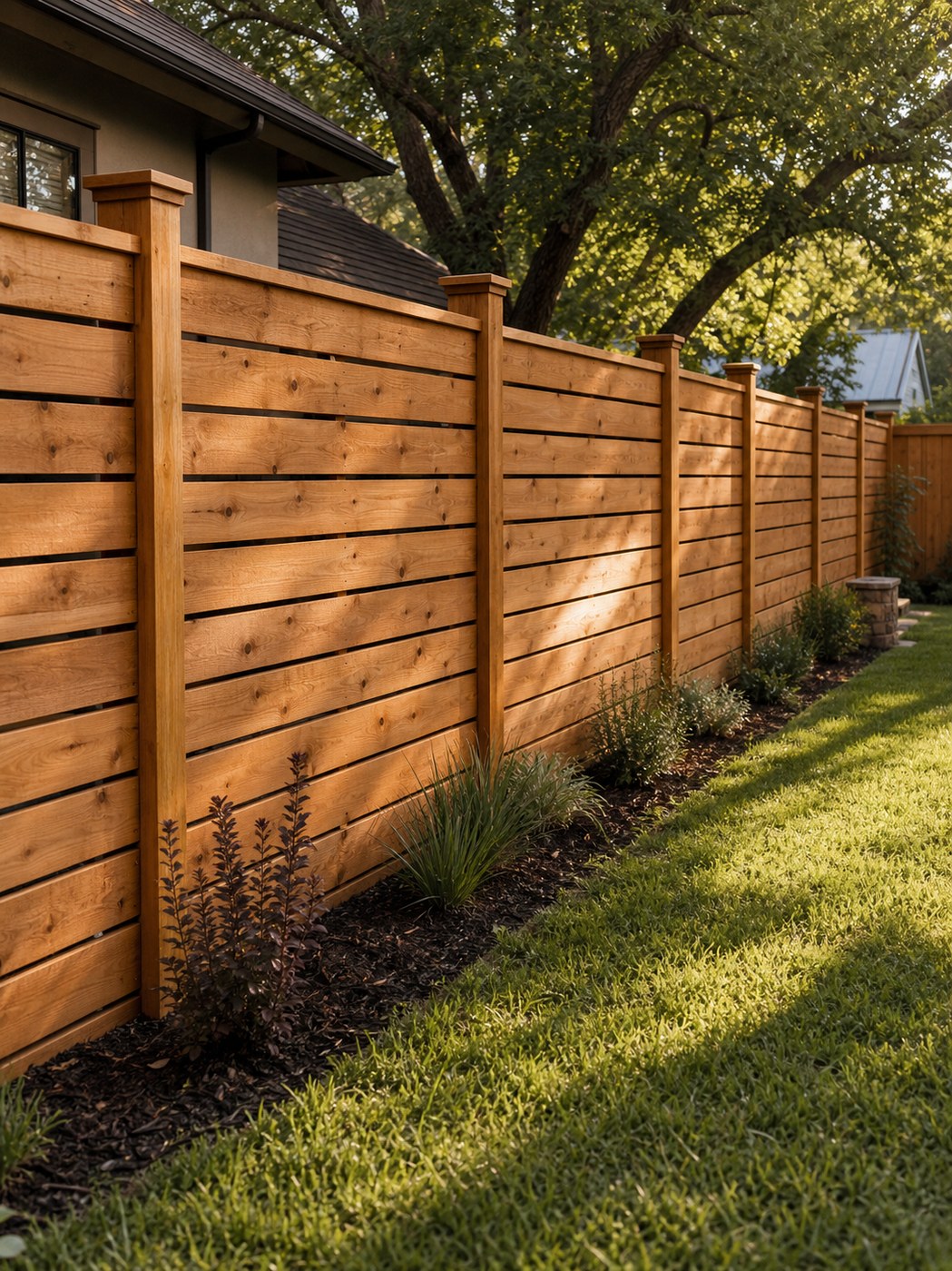 Fresh cedar privacy fence with horizontal boards in an Austin backyard.