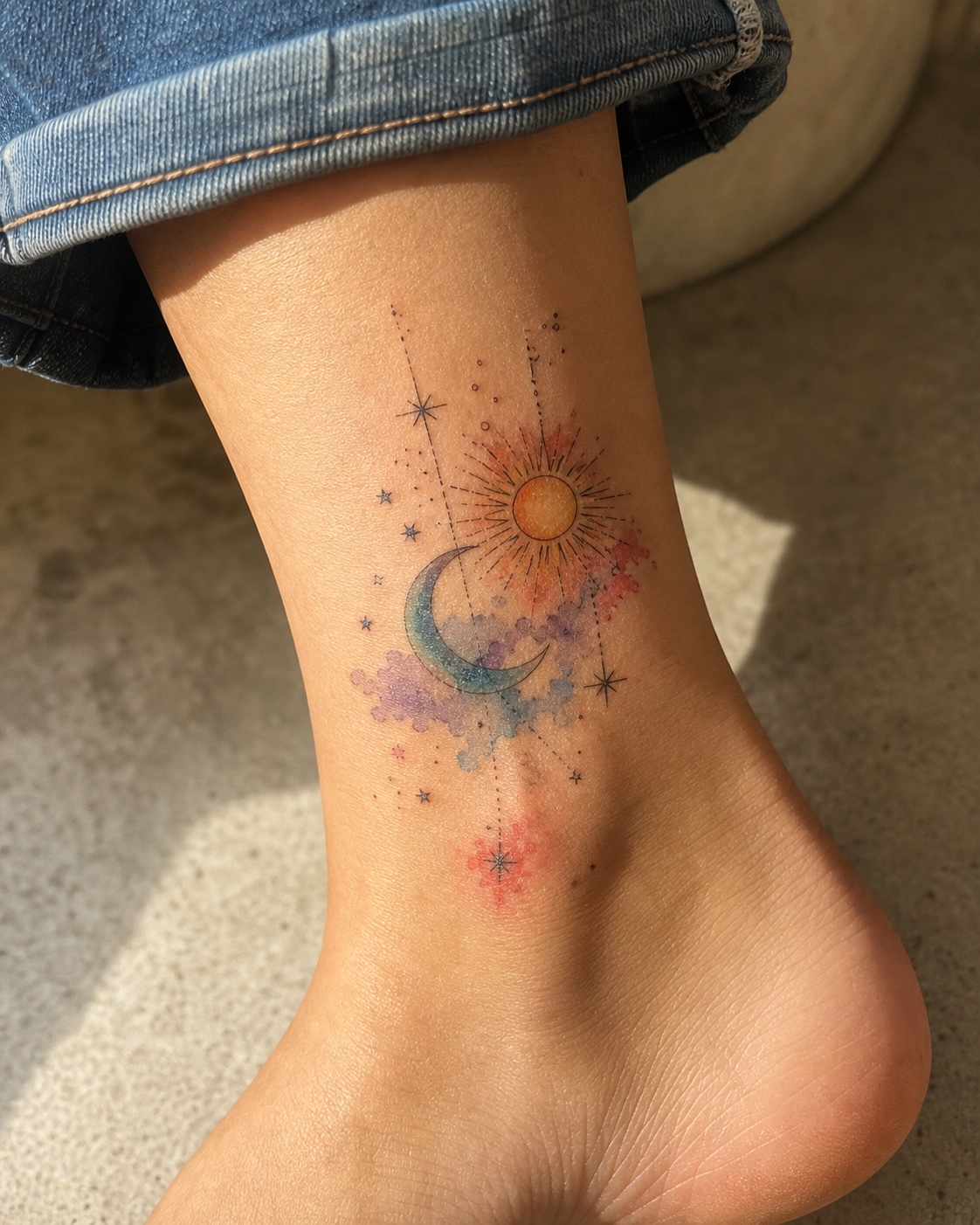 Small watercolor sun, moon, and stars tattoo on the ankle