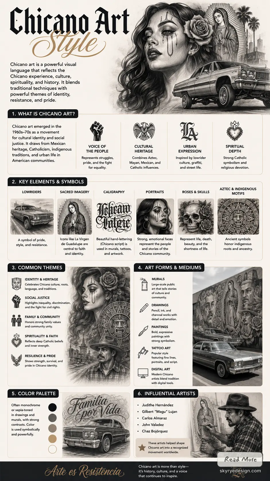 chicano-art-tips-232 Chicano art infographic showcasing lowrider, Virgen de Guadalupe, portrait, skulls, calligraphy, themes and color palette. | Sky Rye Design Chicano art infographic showcasing lowrider, Virgen de Guadalupe, portrait, skulls, calligraphy, themes and color palette.