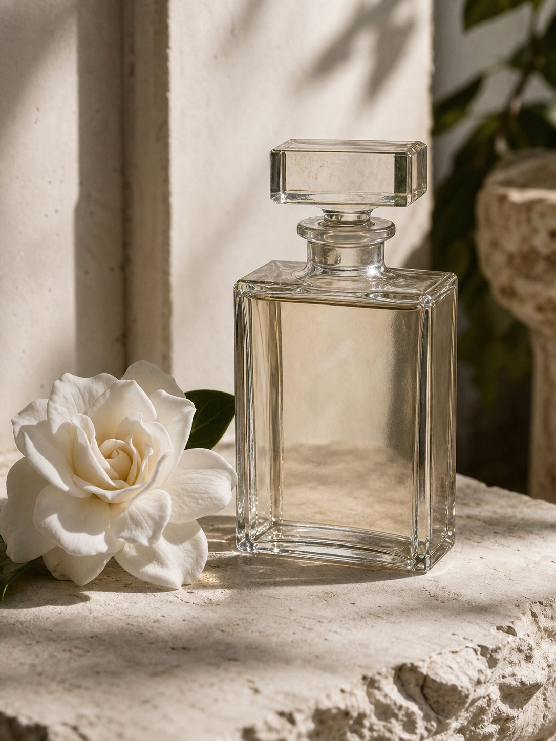 Vintage-inspired rectangular clear glass perfume bottle beside a white flower on aged stone.