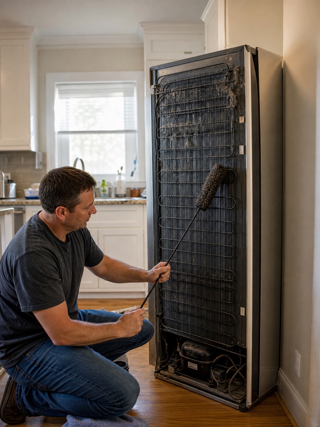 Homeowner cleaning dusty refrigerator condenser coils with a long brush after pulling the fridge from the wall.