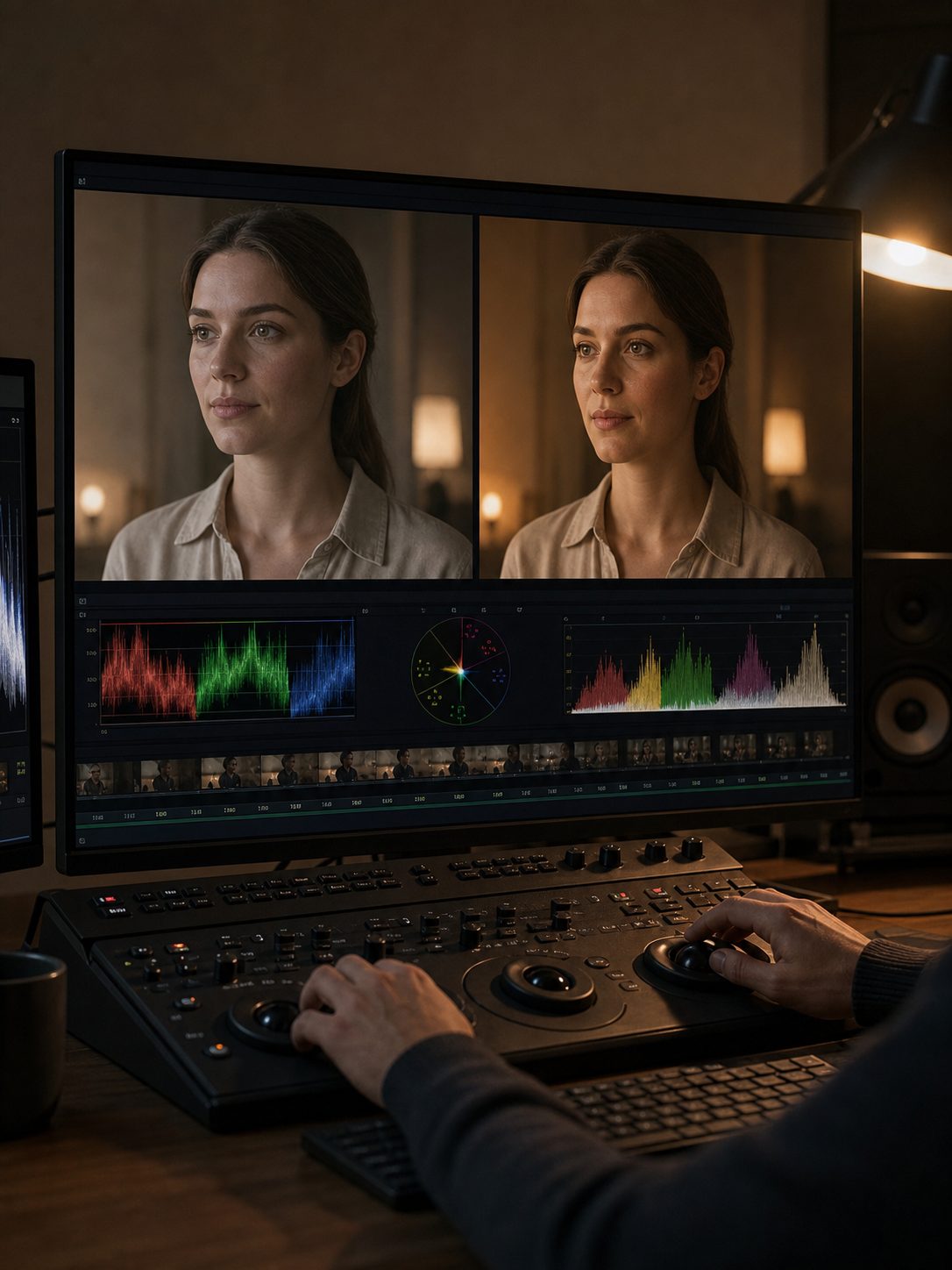 Color grading workstation showing a generic before and after AI face swap correction with abstract scopes.