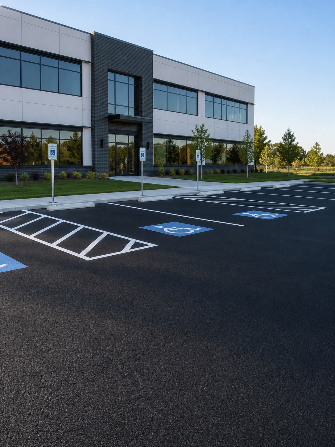 Fresh commercial asphalt parking lot with crisp white striping.