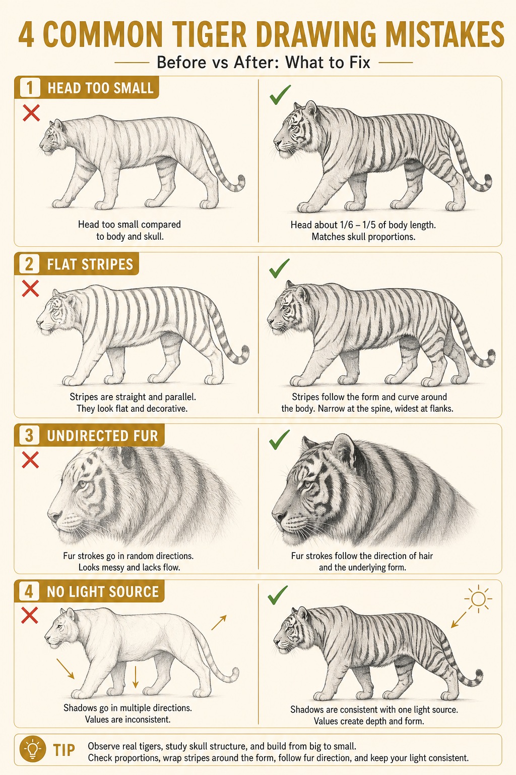 Infographic showing four common tiger drawing mistakes with corrected examples.
