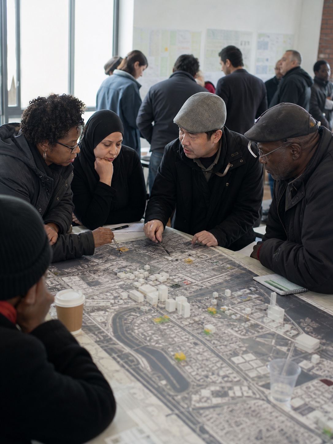 Community planning workshop Residents gathered around city maps and physical models during a neighborhood redevelopment workshop. | Sky Rye Design Residents gathered around city maps and physical models during a neighborhood redevelopment workshop.