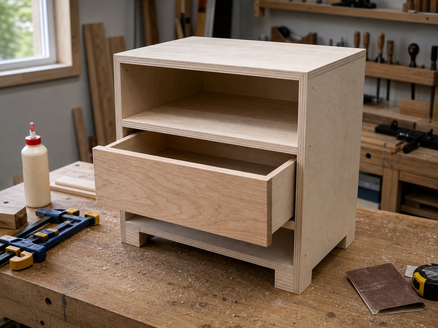 Compact wooden nightstand with open shelf and simple drawer front