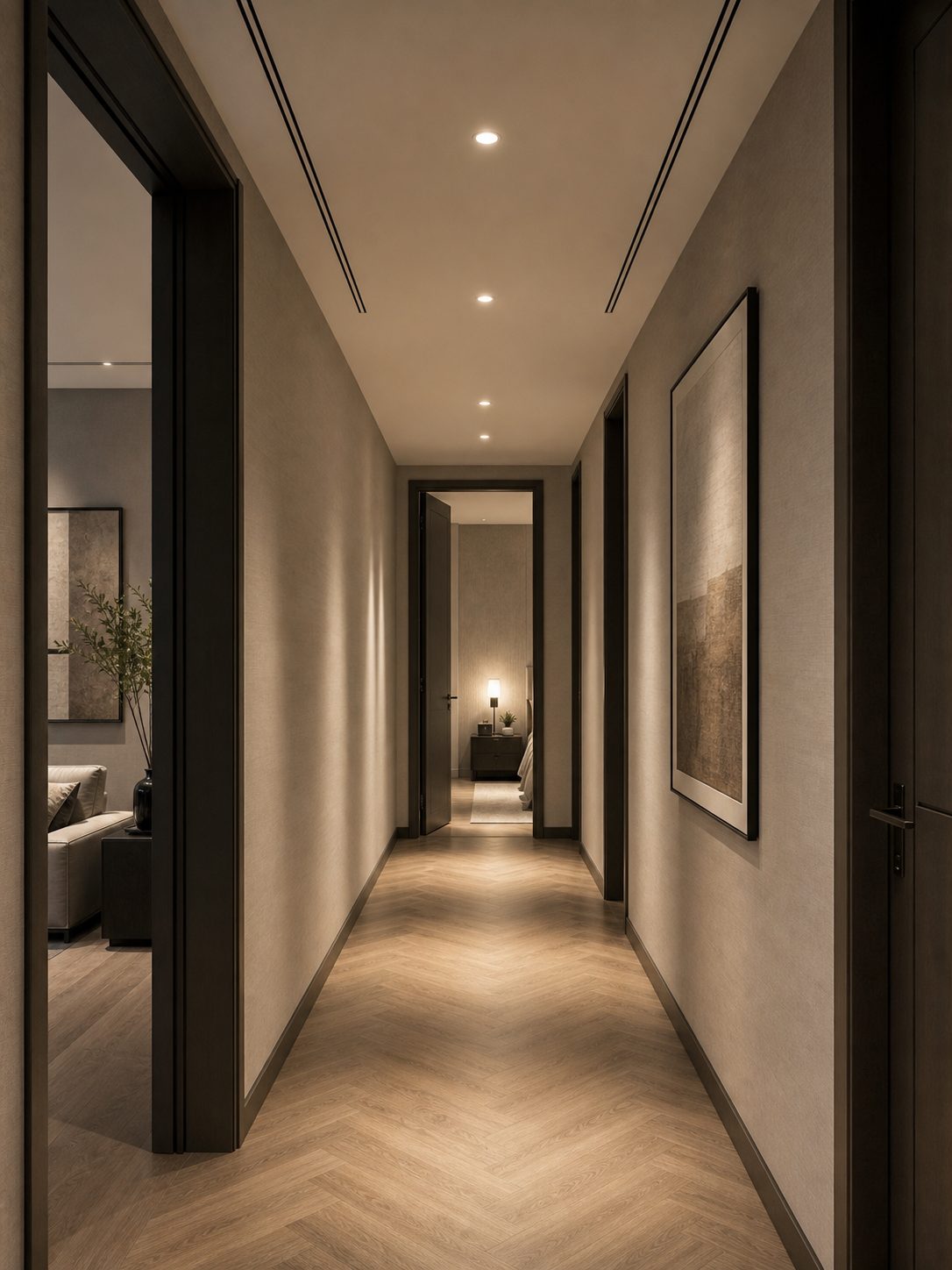 Elegant hallway with slim concealed ceiling vents, recessed lighting, and a herringbone timber floor.