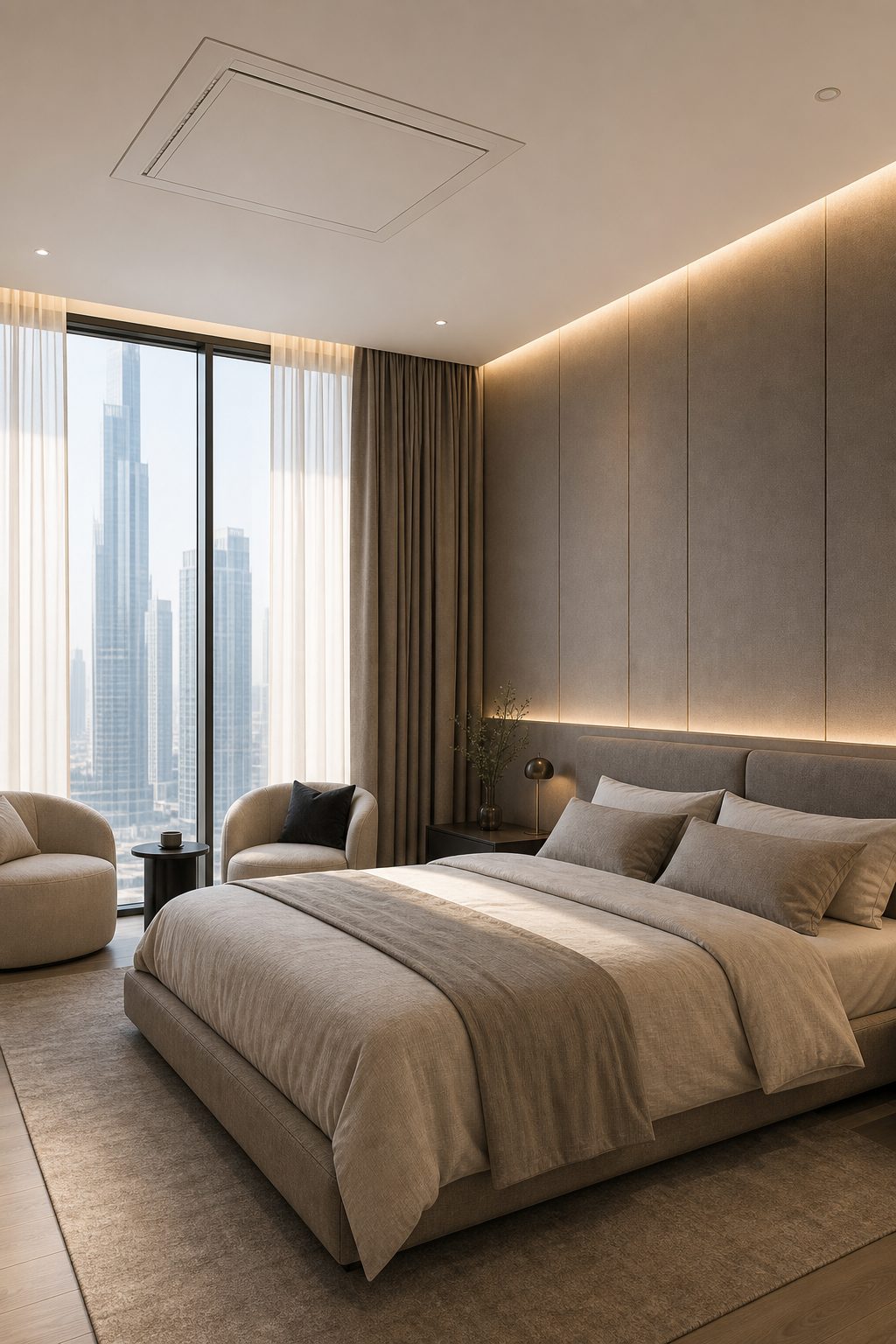 Modern bedroom with a flush ceiling cassette air conditioning unit and calm neutral bedding.