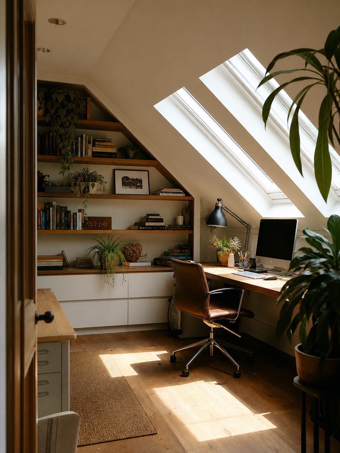 Converted attic home office with skylights, built-in shelves, a compact desk, plants, and warm timber flooring.
