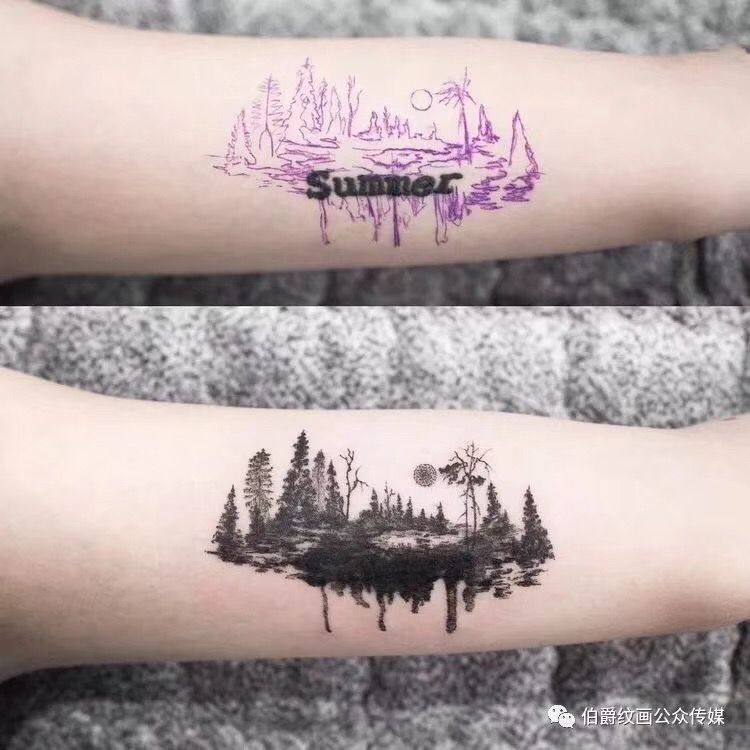 Forearm forest landscape tattoos: black ink reflected lake scene and purple'Summer' sketch.
